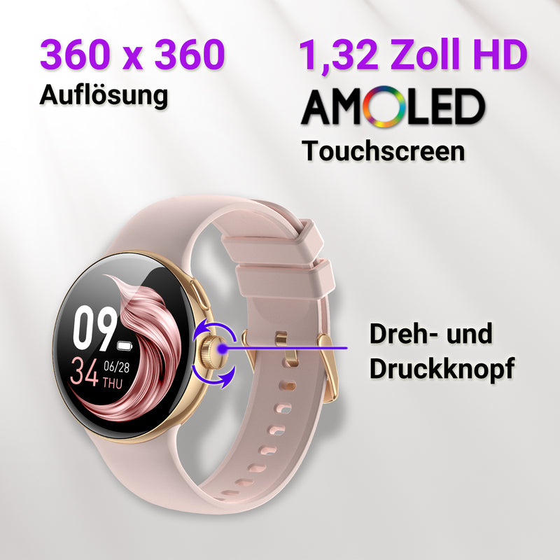 XINJI N2 - Smart-Uhr mit Bluetooth, Touchpanel, Puls-/HRV-/Blutsauerstoff-Messung, Schlafmonitor, Musikspeicher Dreh-und Druckknopf Gold